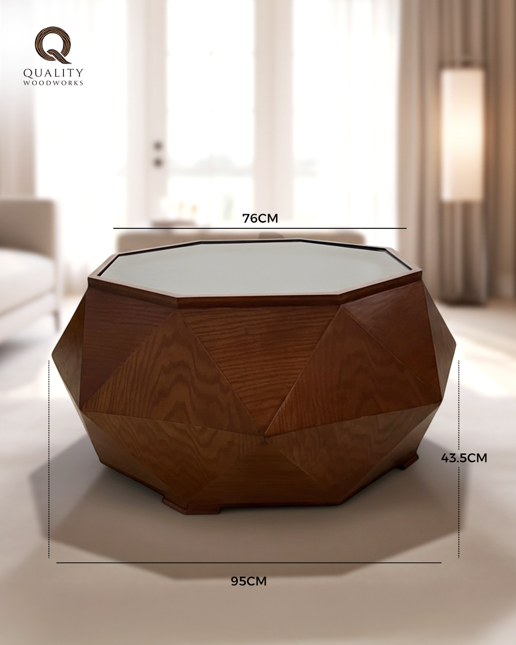 Geometric Diamond Shape Wooden Coffee Table with Glass Top