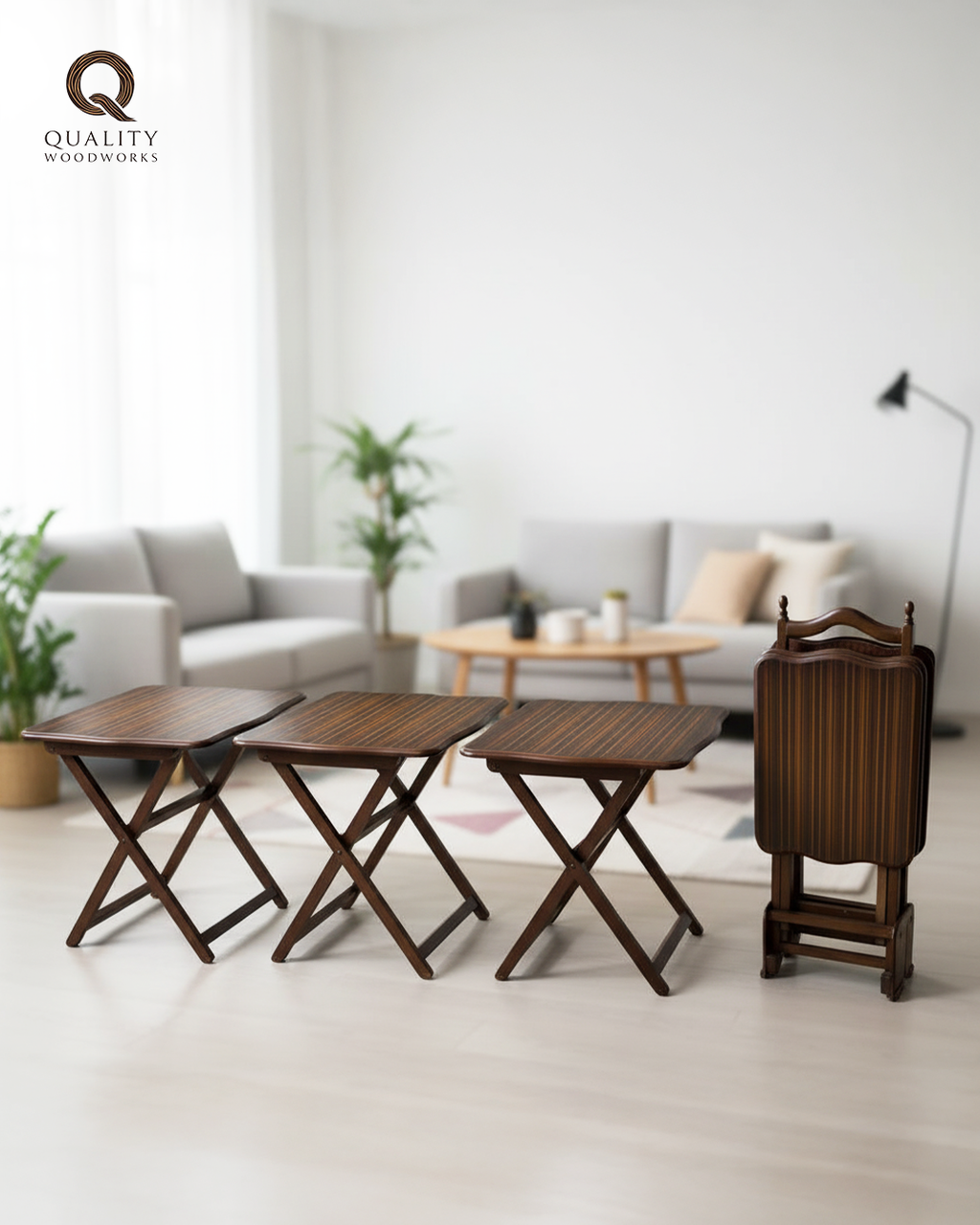 Stack of 4 Wooden Tables with Striped Pattern