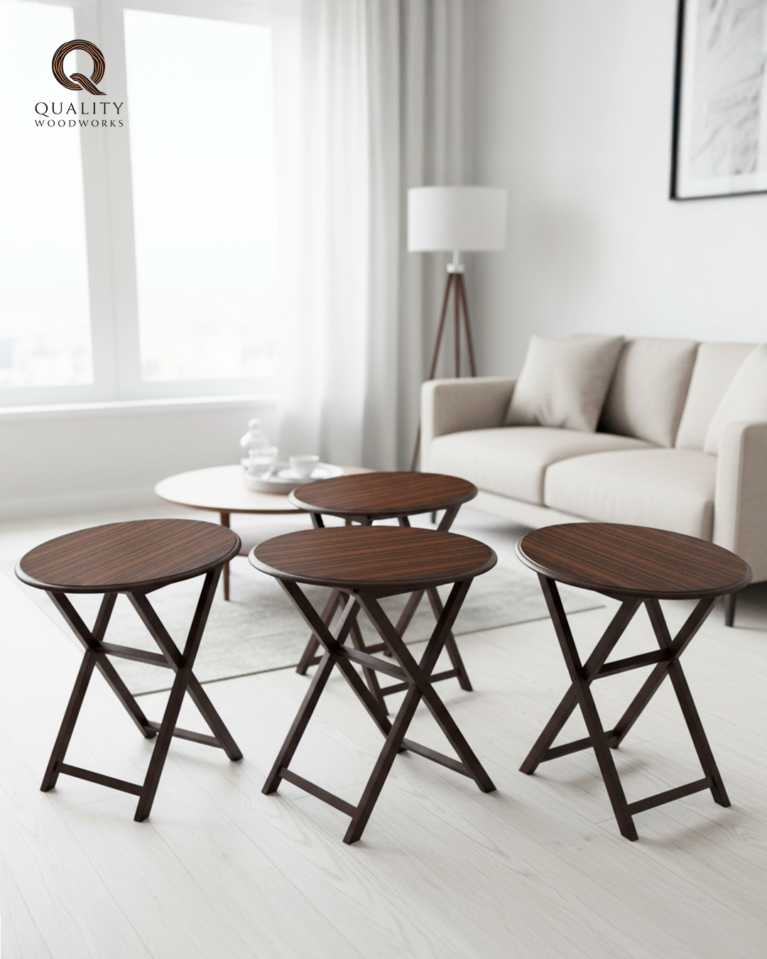 Stack of 4 Wooden Tables with Striped Pattern