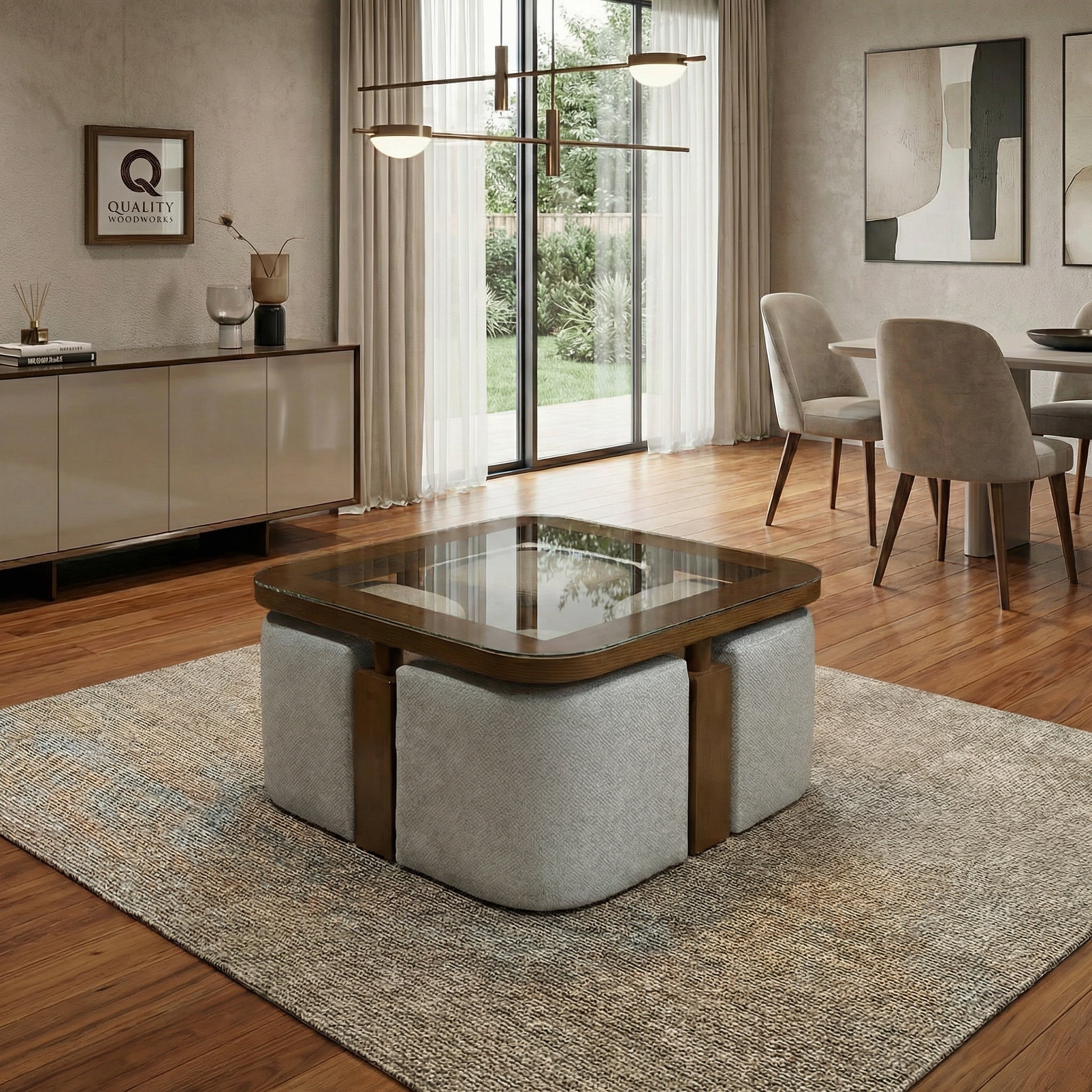 Low Height Squared Dining Table with 4 Poufs