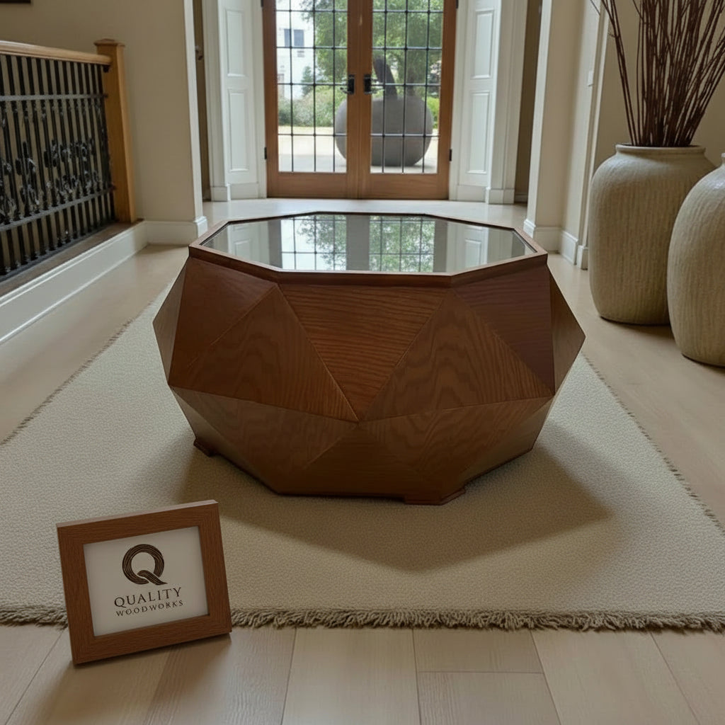Geometric Diamond Shape Wooden Coffee Table with Glass Top