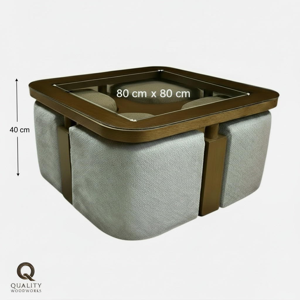 Low Height Squared Dining Table with 4 Poufs