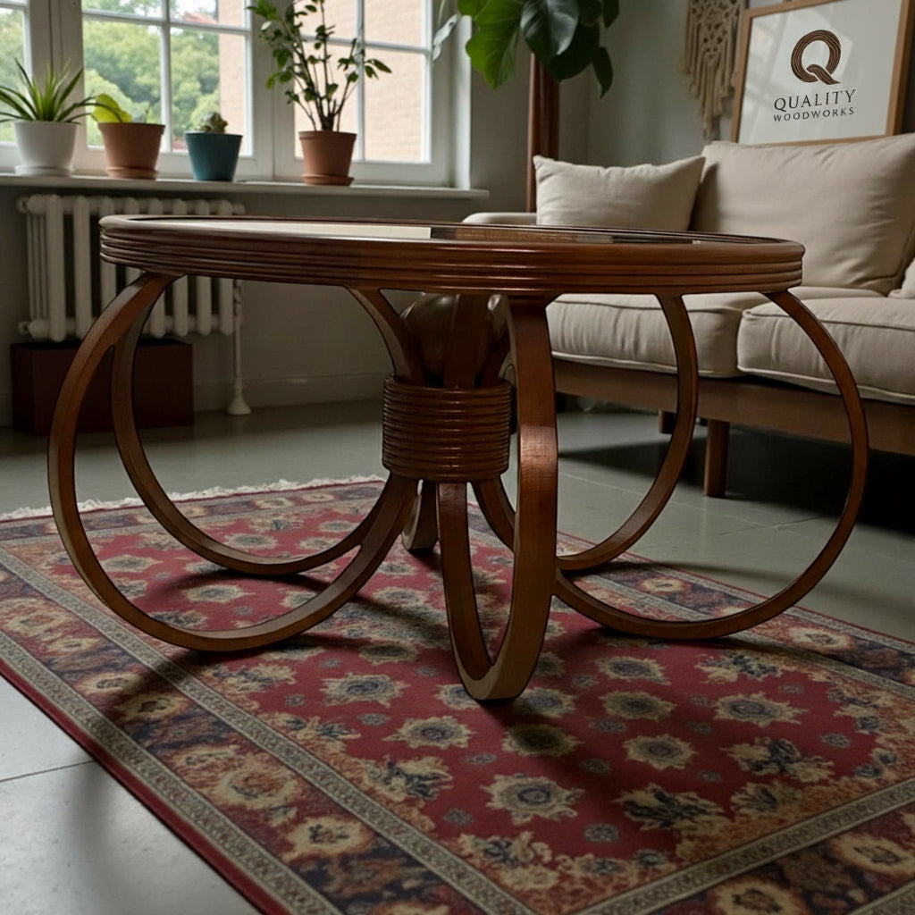 Beech Wood Round Table Flower Shape with Glass Top