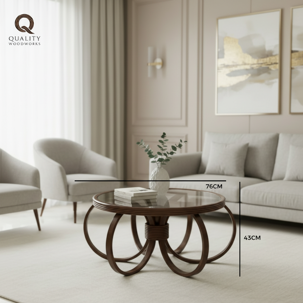 Beech Wood Round Table Flower Shape with Glass Top