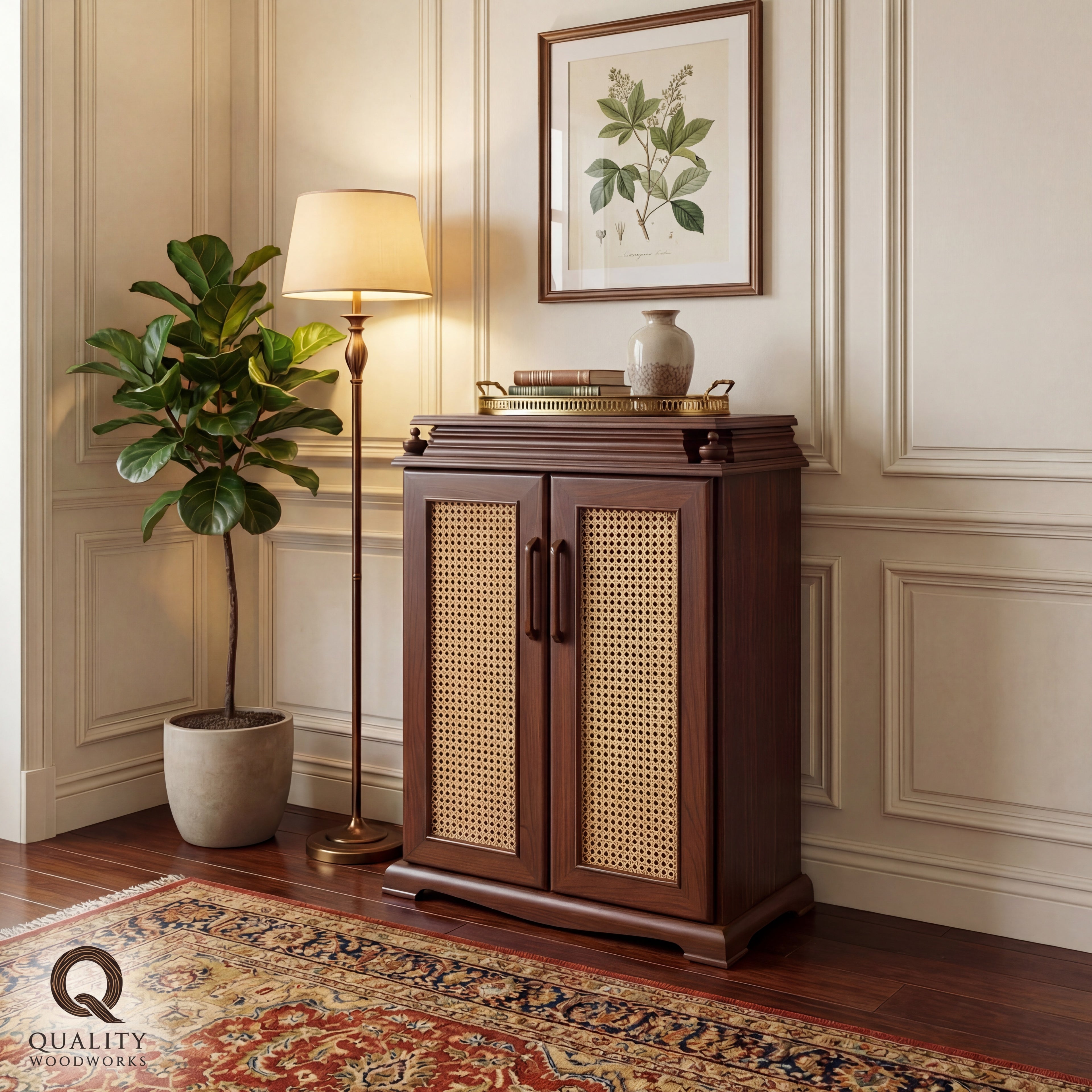 Shoes Wooden Cabinet with Wicker Door (Cane) and Oak Veneer Surface