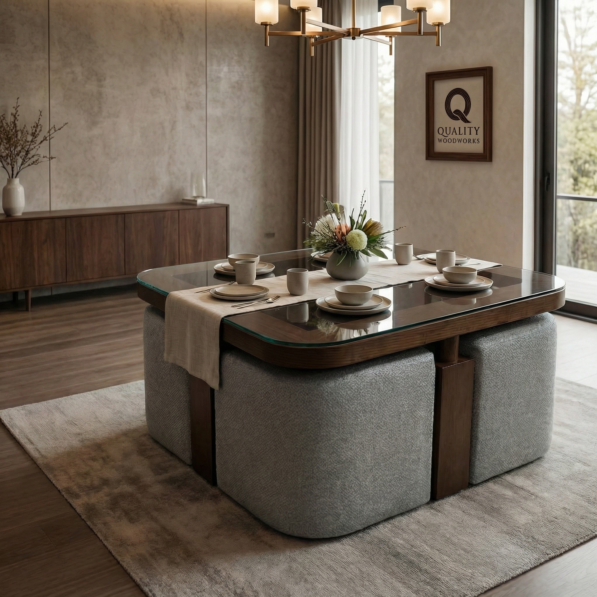 Low Height Squared Dining Table with 4 Poufs