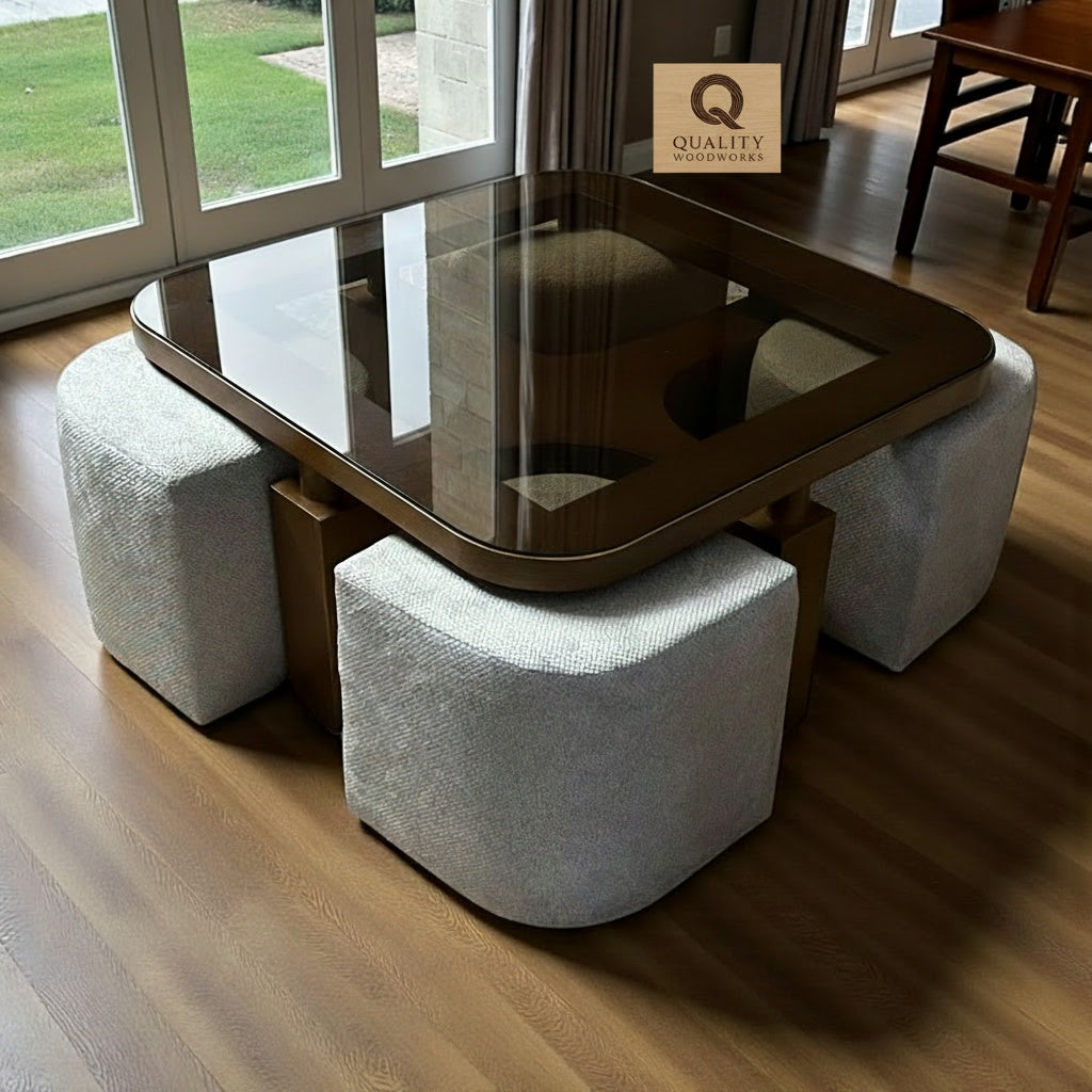Low Height Squared Dining Table with 4 Poufs
